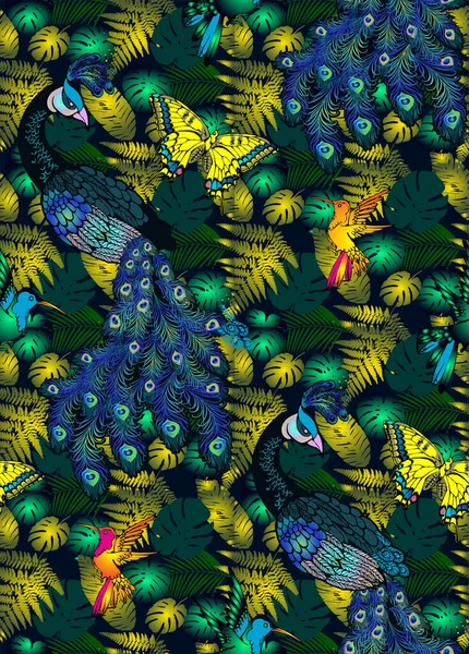 Візерунок Павича Фантастичні Квіти Векторні Ілюстрації Підходить Тканини Фрески Обгорткового — стоковий вектор