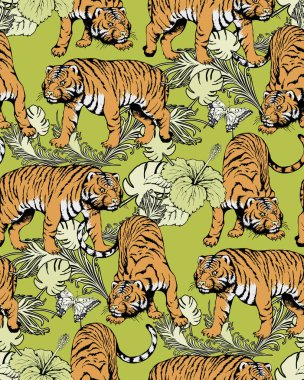 Kusursuz kaplan ve çiçek deseni. Kumaş, duvar resmi, ambalaj kağıdı ve benzeri şeyler için uygun. Vektör illüstrasyonu