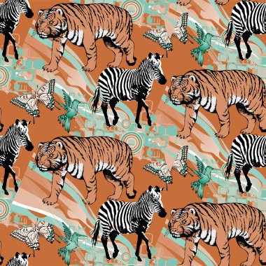 Zebra ve kaplanın kusursuz deseni. Kumaş, duvar resmi, ambalaj kağıdı ve benzeri şeyler için uygun. Vektör illüstrasyonu