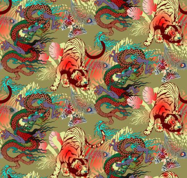 Kaplan ve ejderha deseni. Kumaş, ambalaj kağıdı ve benzeri şeyler için uygun. Vektör illüstrasyonu