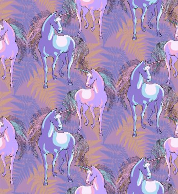 Sihirli Tekboynuz. Kusursuz desen. Vektör çizimi. Kumaş, duvar resmi, ambalaj kağıdı ve benzeri şeyler için uygun. Çocuk odasının tasarımına bakmak iyi olacak - tasarım perdeleri, duvar kağıtları, mobilyalar için kumaşlar.