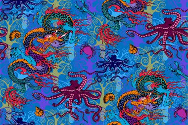 Asya ejderhası deseni, ahtapot ve deniz yolculuğu. Vektör çizimi. Kumaş, ambalaj kağıdı ve benzeri şeyler için uygun.