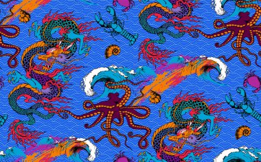 Asya ejderhası deseni, ahtapot ve deniz yolculuğu. Vektör çizimi. Kumaş, ambalaj kağıdı ve benzeri şeyler için uygun.