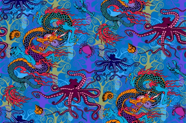 亚洲龙 章鱼和航海的模式 矢量图解 适用于织物 包装纸等 — 图库矢量图片