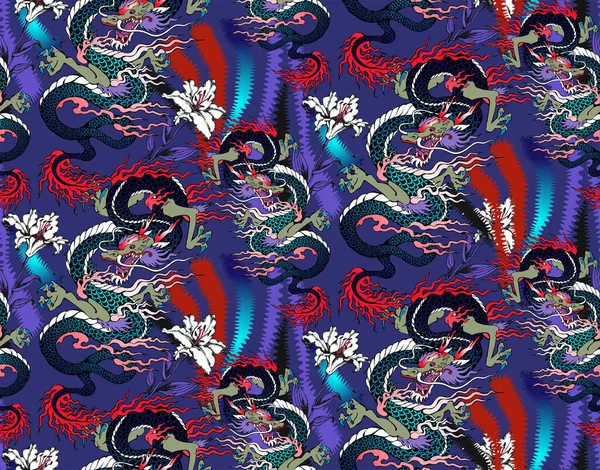 Muster Von Asiatischem Drachen Und Blumen Vektorillustration Geeignet Für Stoff — Stockvektor