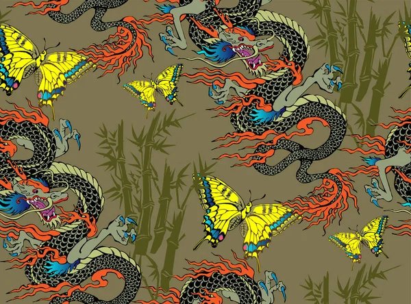 Modèle Dragon Asiatique Fleurs Illustration Vectorielle Convient Pour Tissu Papier — Image vectorielle