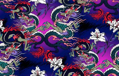 Asya ejderhası ve çiçek deseni. Vektör çizimi. Kumaş, ambalaj kağıdı ve benzeri şeyler için uygun.