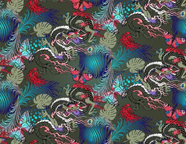 Asya ejderhası ve çiçek deseni. Vektör çizimi. Kumaş, ambalaj kağıdı ve benzeri şeyler için uygun.