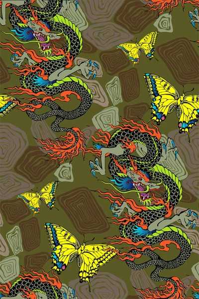 Шаблон Азиатского Дракона Цветы Векторная Иллюстрация Подходит Кондиционеров Оберточной Бумаги — стоковый вектор