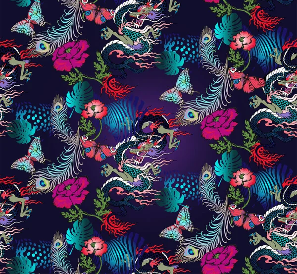 Muster Von Asiatischem Drachen Und Blumen Vektorillustration Geeignet Für Stoff — Stockvektor