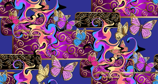 Fantastische Blumen Und Schmetterlinge Nahtloses Muster Vektorillustration Geeignet Für Stoff — Stockvektor