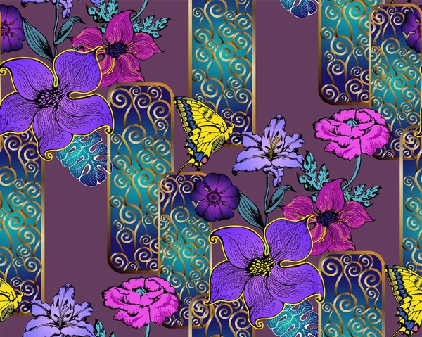 Fleurs Papillons Fantastiques Frontière Sans Couture Illustration Vectorielle Convient Pour — Image vectorielle