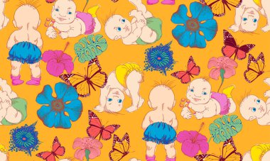 Bezli bir bebek ve çiçekler. Kusursuz desen. Vektör çizimi. Kumaş, duvar resmi, ambalaj kağıdı ve benzeri şeyler için uygun. Çocuk odasının tasarımına bakmak iyi olacak.