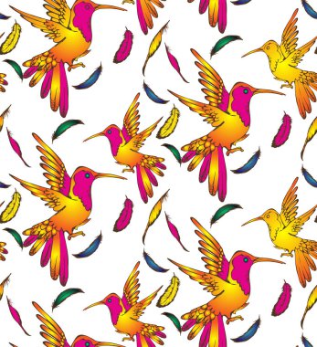 Kusursuz kolibri deseni. Vektör çizimi. Kumaş, ambalaj kağıdı ve benzeri şeyler için uygun.