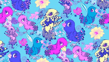 Şirin küçük kuş ve çiçekler. Kusursuz desen. Vektör çizimi. Kumaş, duvar resmi, ambalaj kağıdı ve benzeri şeyler için uygun. Çocuk odasının tasarımına bakmak iyi olacak.