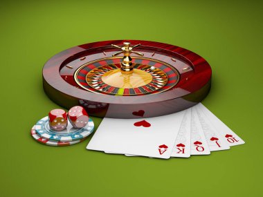 casino 3D çizimi zarlarla, poker fişleri rulet ve oyun kartları, yeşil arka plan.