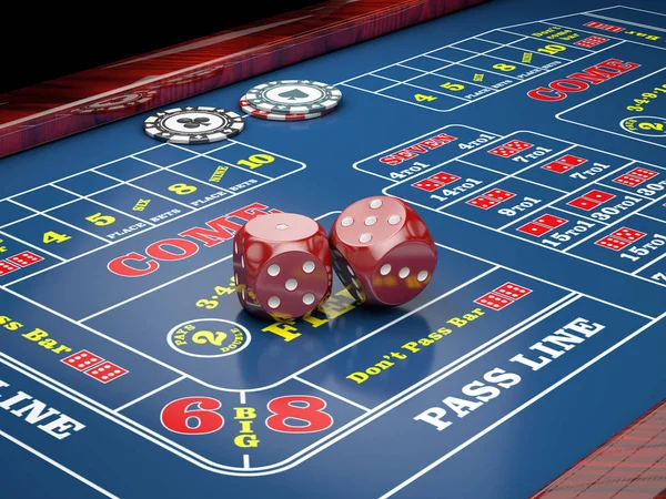 Dice on casino table with casino chips. 3d illustration.