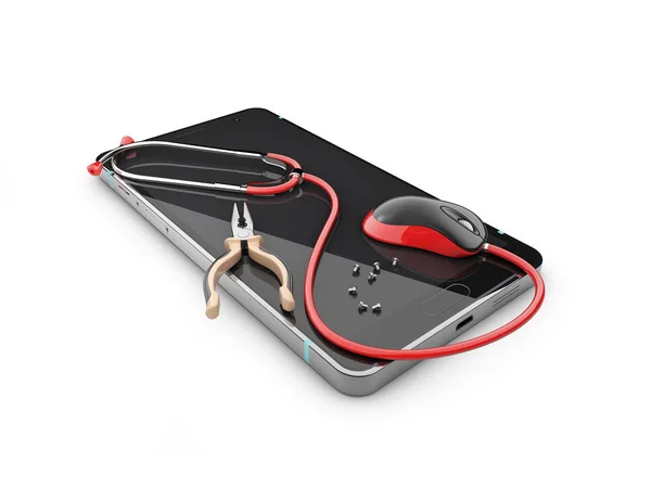 Estetoscopio rojo sobre la pantalla del teléfono inteligente con alicates, ilustración 3d — Foto de Stock