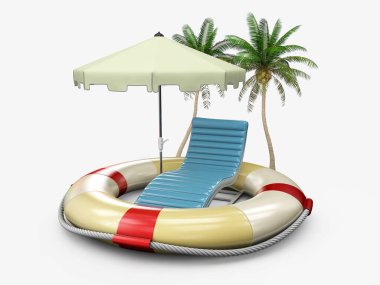 lifebuoy ve plaj aksesuarları, 3d çizim ile yaz tatili.