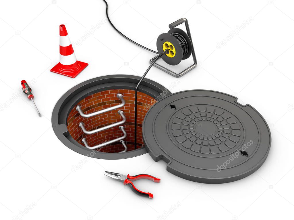 3d Illustration of Manhole cover open with tools.