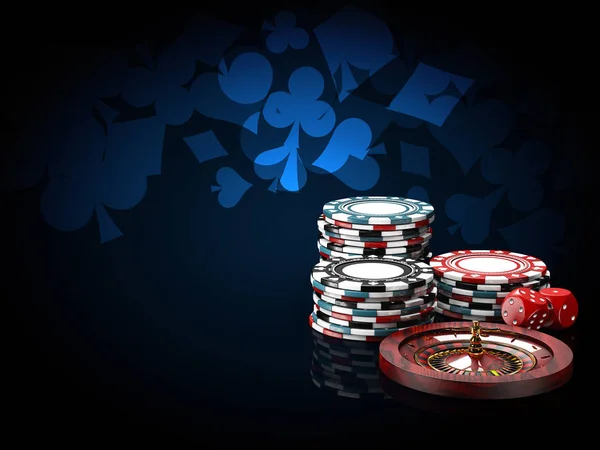 Casino Fichas Pilas Con Ruleta Dados Ilustración Sobre Fondo Negro — Foto de Stock