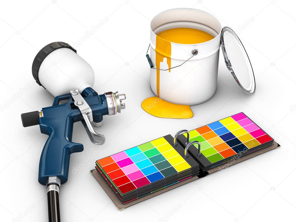 3d Illustration of spray gun with color palette isolated on white