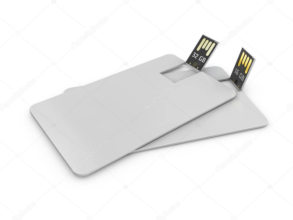 Blank white plastic wafer usb card mockup, 3d Illustration. Visiting flash drive namecard mock up.