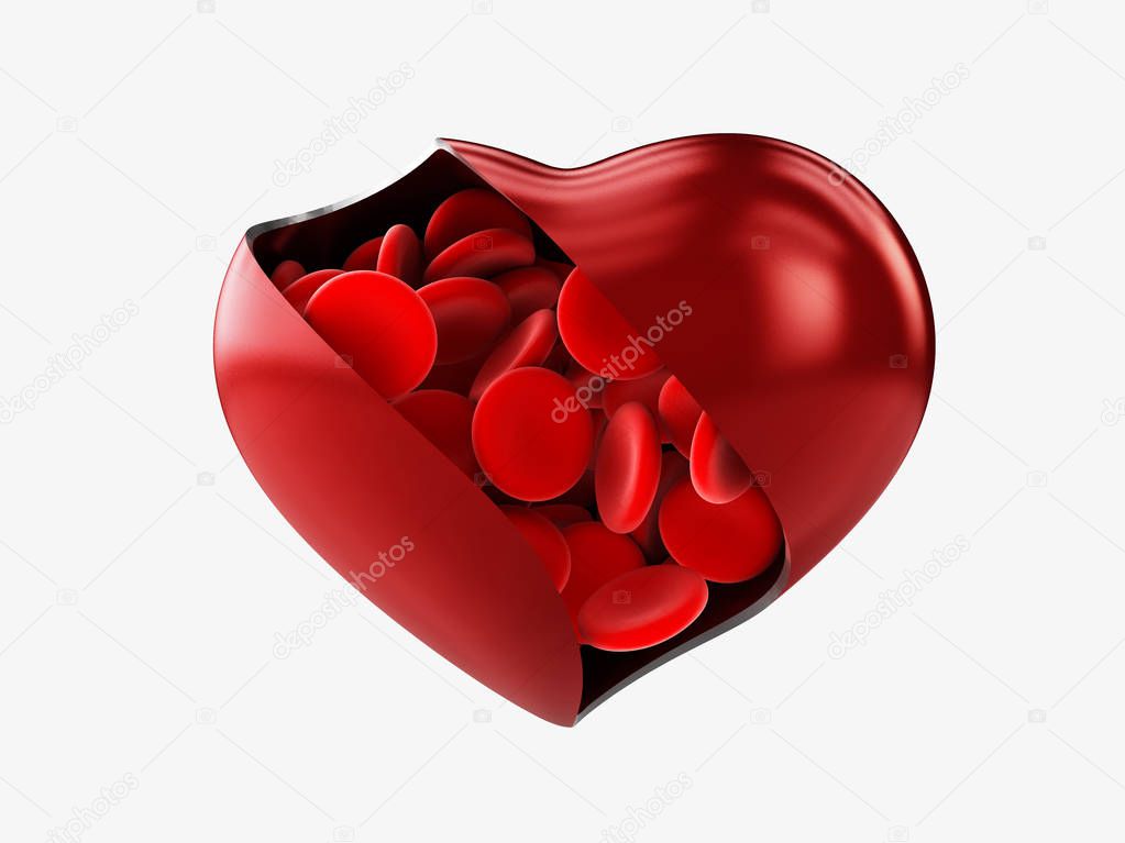 Heart with red cells blood isolated white, 3d Illustration.