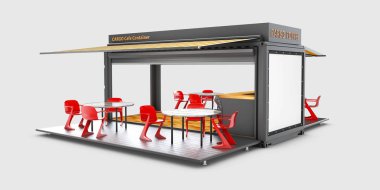 Dönüştürülen eski nakliye konteyner içine kafe, 3d resimde beyaz izole..