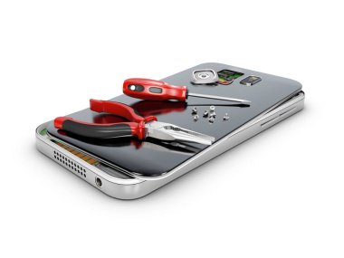 Beyaz 3d illüstrasyon izole telefon kavramı, onarım ve servis