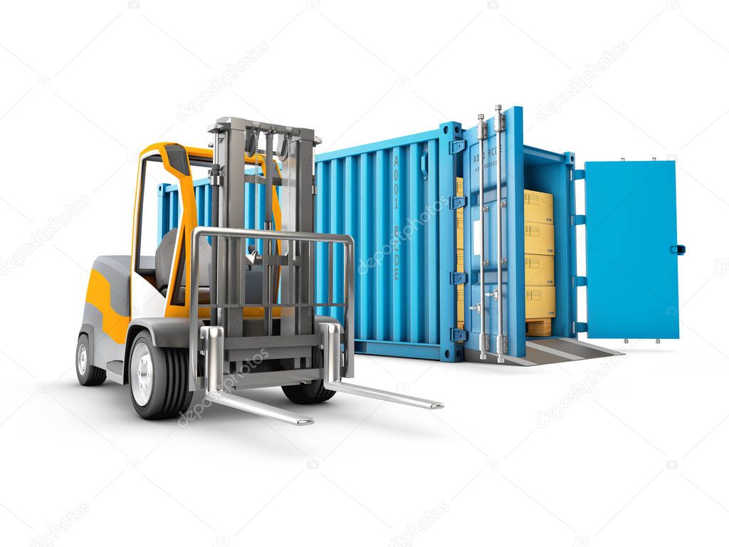 Forklift working with cargo container and product carton boxes, 3d illustration