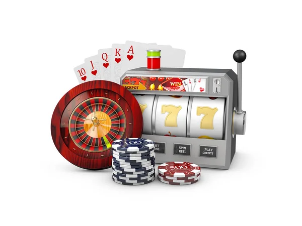Máquina tragaperras con jackpot, concepto de Casino, Ilustración 3d de elementos de juegos de Casino . —  Fotos de Stock