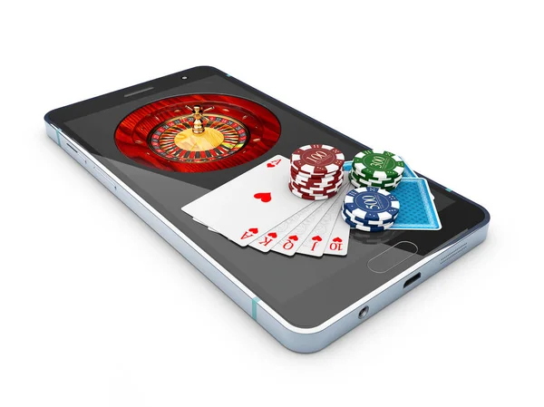 Online kasino koncept, hrací karty, kostky čipy a smartphone 3d ilustrace — Stock fotografie