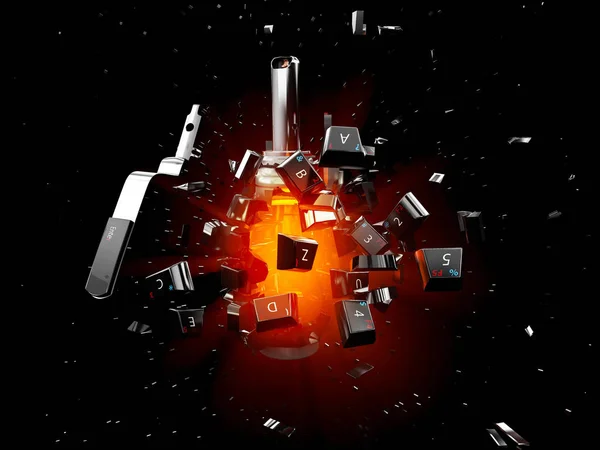 3D Illustration einer explodierten Tastaturgranate. isoliert auf schwarzem Hintergrund — Stockfoto