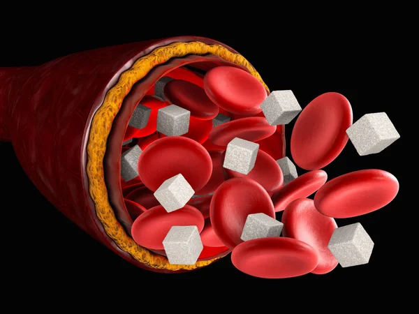 Сахар в крови. Клетка крови с кубиком сахара, 3d иллюстрация — стоковое фото