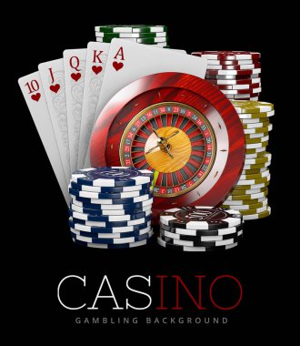 Cips ve Poker kart, Casino kavramı, 3d çizim Casino oyun elemanları ile rulet