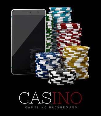 Casino fişi ve akıllı telefon, online casino kavramı, 3d çizim Casino oyun elemanları