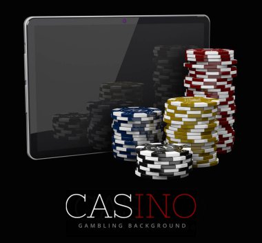 Casino fişleri ile Tablet, online casino kavramı, 3d çizim Casino oyun elemanları
