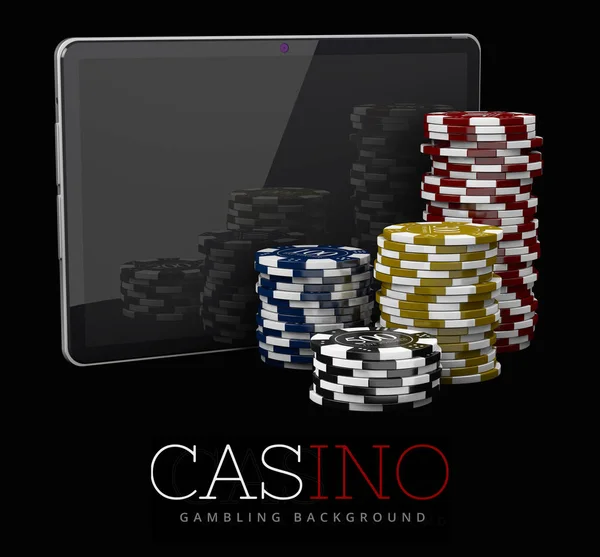 Kasino čipy s tabletem, online kasino koncept, 3d ilustrace Casino hry prvky — Stock fotografie