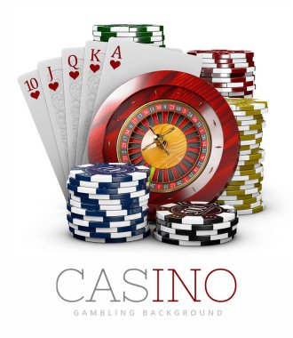 Cips ve Poker kart ile Casino kavramı, 3d çizim isolaed beyaz rulet
