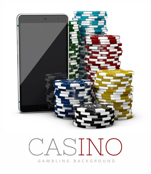 Casino Chips en Smart Phone, online casino concept, 3d illustratie geïsoleerd wit — Stockfoto