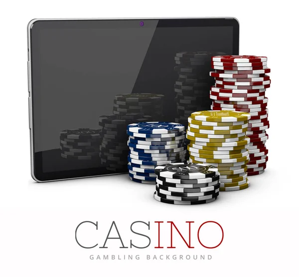 Fichas de Casino con Tableta, concepto de casino en línea, Ilustración 3d aislado blanco —  Fotos de Stock