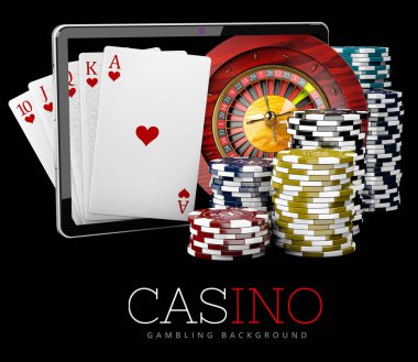 Casino fişleri ile Tablet, online casino kavramı, 3d çizim Casino oyun elemanları