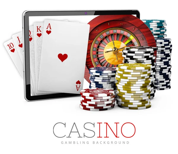 Kasino čipy s tabletem, online kasino koncept, 3d ilustrace izolovat černá — Stock fotografie