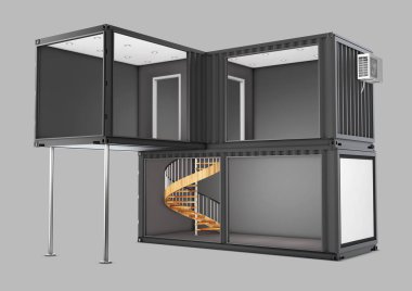 Eski nakliye konteyner, 3d illüstrasyon izole gri dönüştürülür