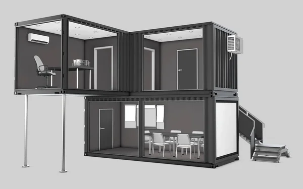 Eski nakliye konteyner ofisine, 3d illüstrasyon izole gri dönüştürülür