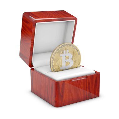 Bir bitcoin ile mevcut bir kutu izole 3d çizimi