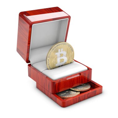 Bir bitcoin ile mevcut bir kutu izole 3d çizimi