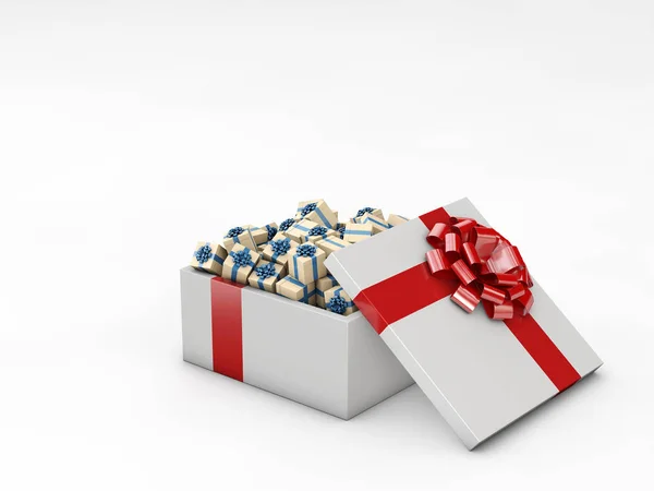 Opened realistic gift box with red bow with small gift boxes. 3d illustration.