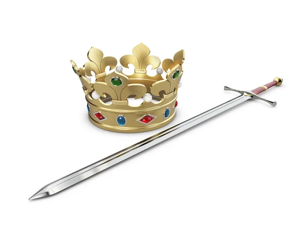 3D Illustration der goldenen Königskrone mit Schwert isoliert auf Weiß. — Stockfoto